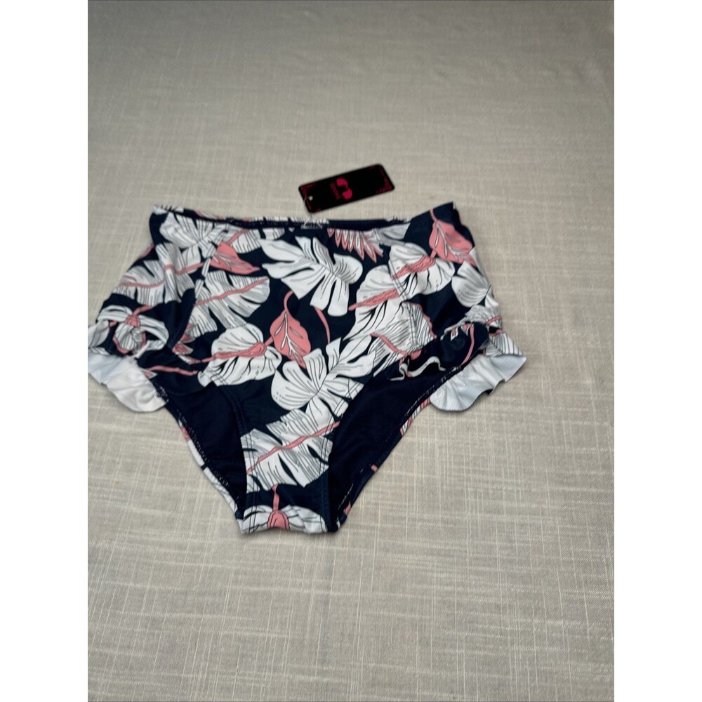 Shekini High Waist Ruffle Bikini‎ Bottom Women’s Size Small Navy White Pink